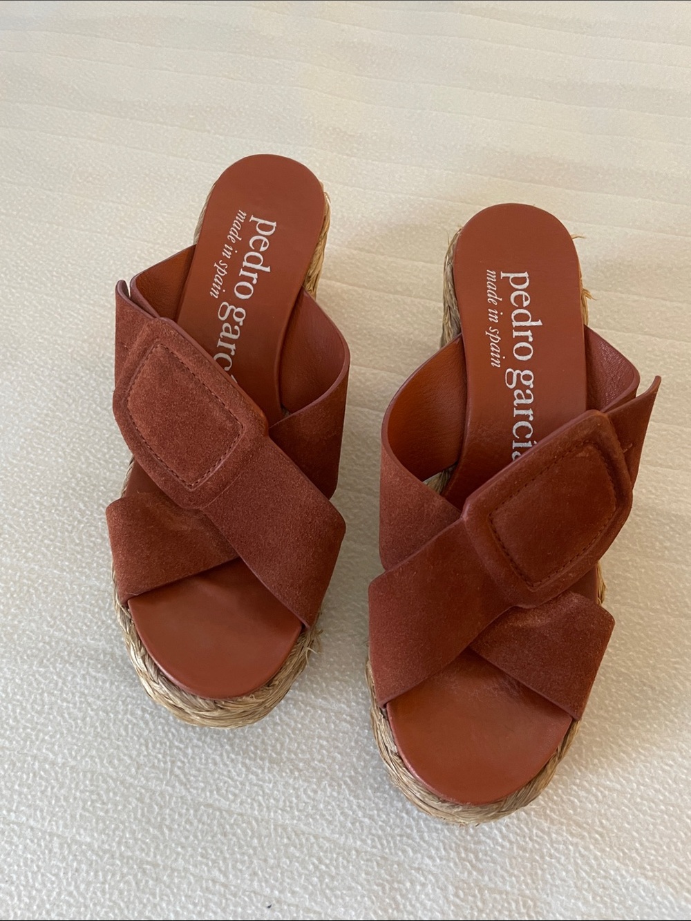 Pedro Garcia Rust Suede Cross‑Strap Espadrille Sandals
